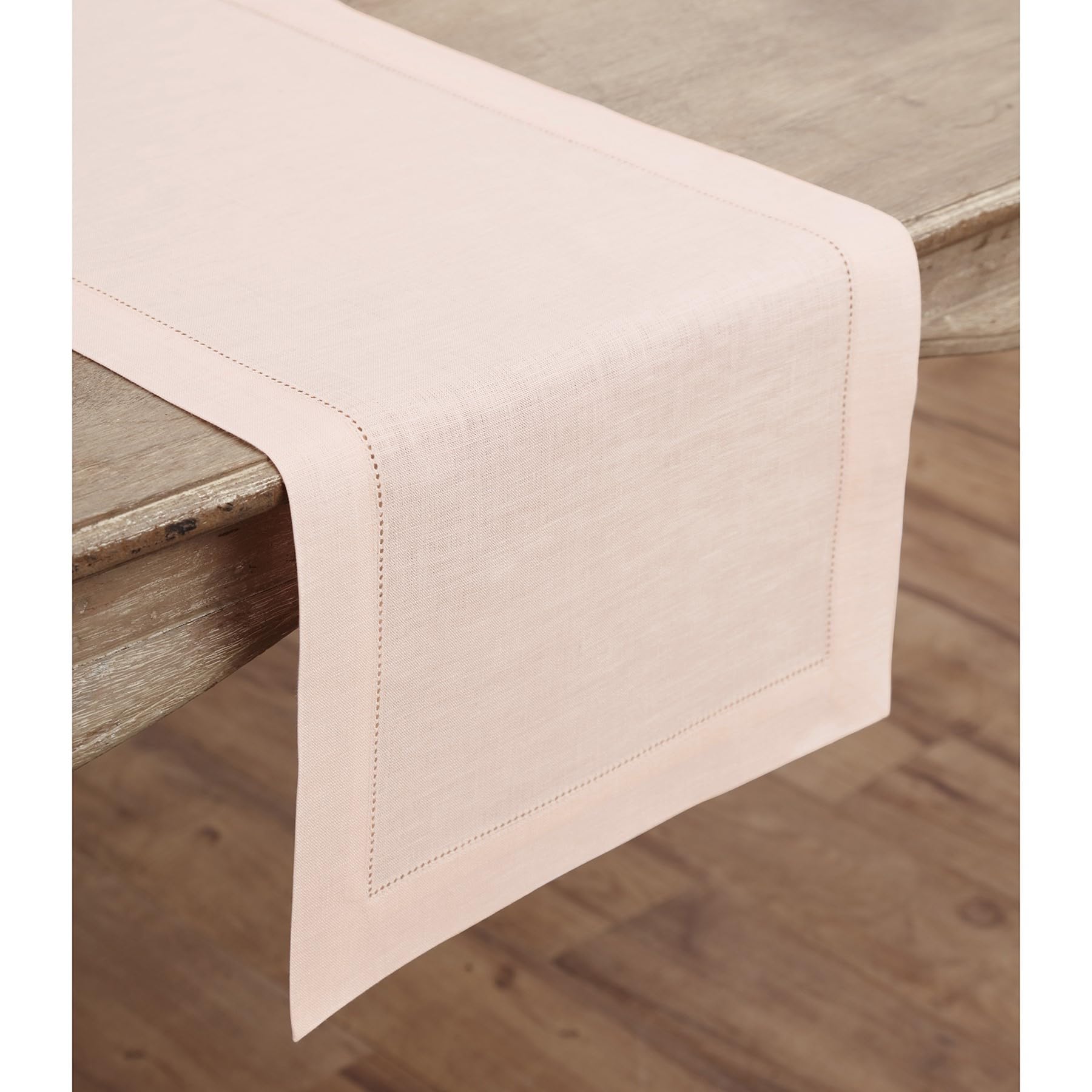 Solino Home Linen Pink Table Runner 36 Inches - Classic Hemstitch, 100% Pure Linen Coffee Table Runner 14 x 36 Inch Ideal for Dresser Tables - Summer