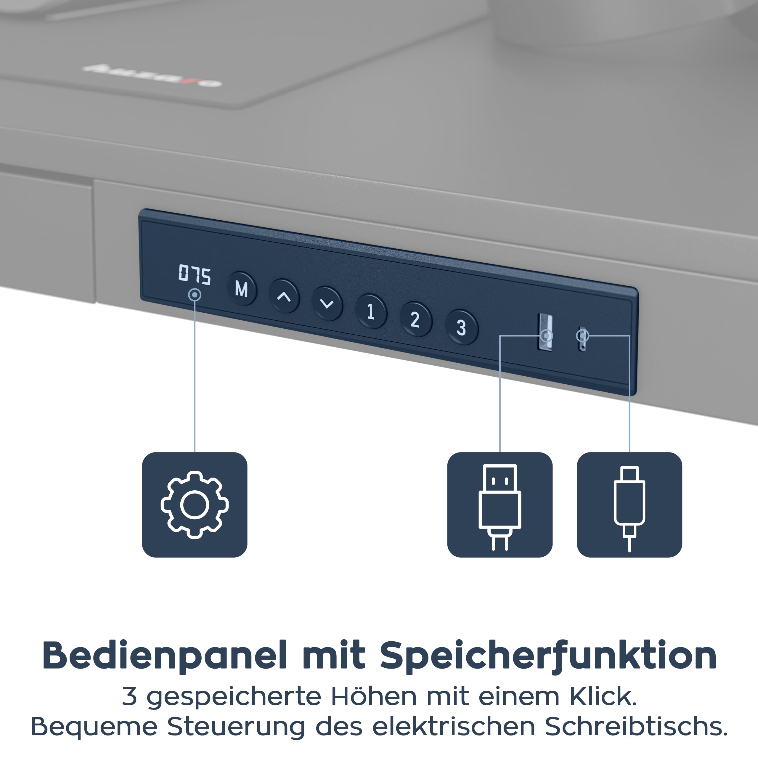 MARK ADLER Leader 8.2 Höhenverstellbarer Schreibtisch mit Schublade | 120x60cm - 3 Memory-Steuerung - USB- und C-Buchse - 2 Halterungen - Touchscreen - Homeoffice Büro – Schwarz