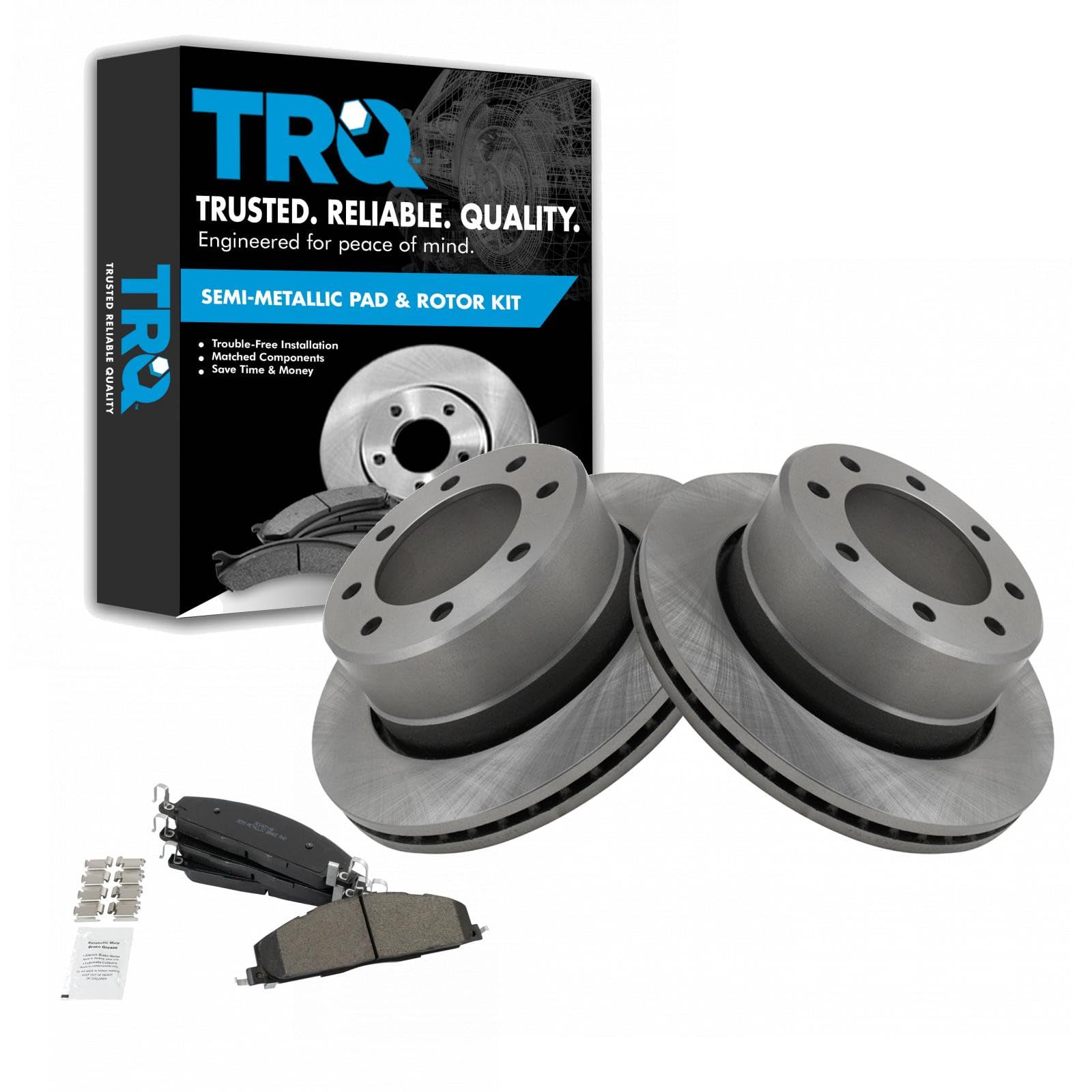 TRQ Rear Brake Pad &amp; Rotor Kit Semi-Metallic Compatible with 2009-2010 Dodge Ram 2500, 3500 2012 Ram 1500 2011-2018 2500 3500