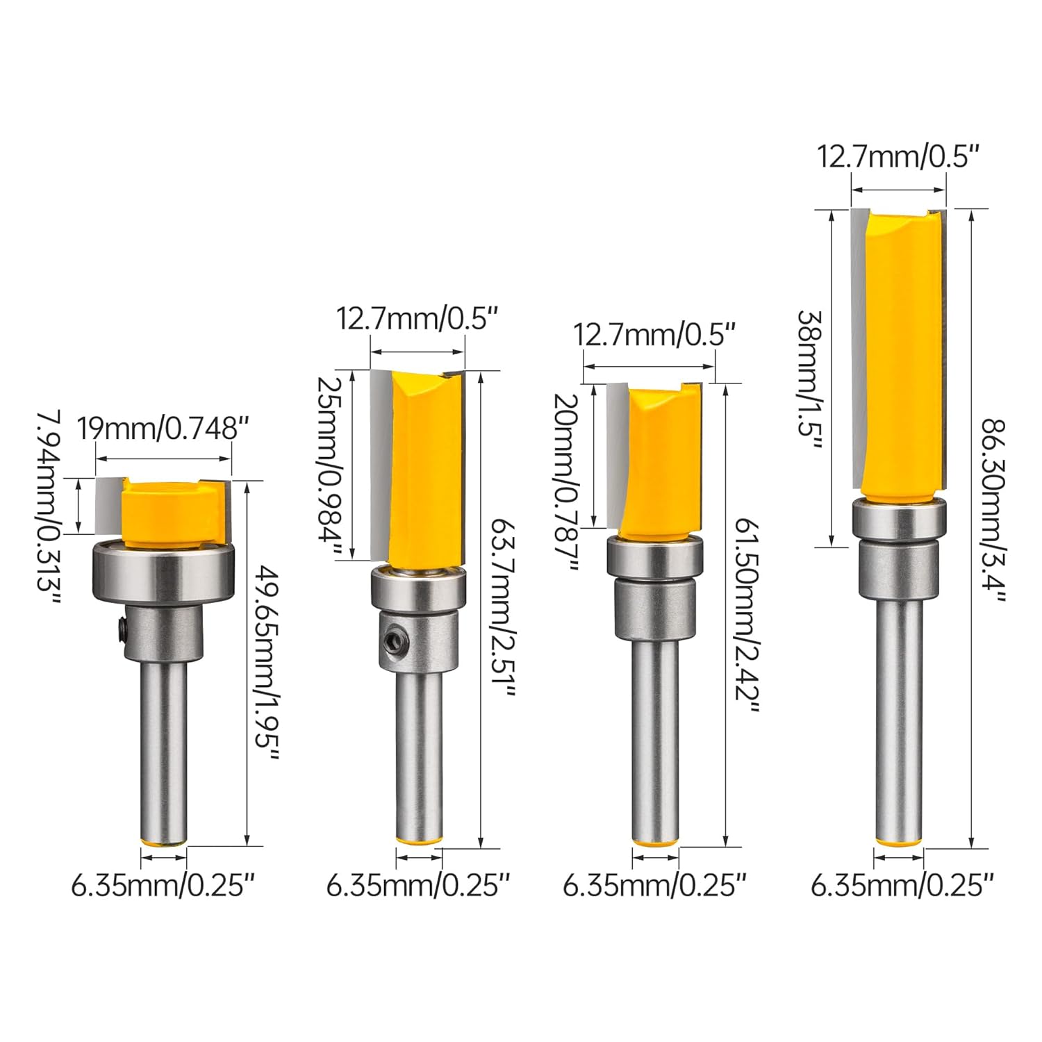 HUHAO Pattern Flush Trim Router Bit 1/4 Shank Carbide Tipped Router Template Bit 1/4 Pattern Router Bit with Top Bearing - 4 PCS Flush Cut Router Bit for Engraving, Edge Trimming, Template Routing