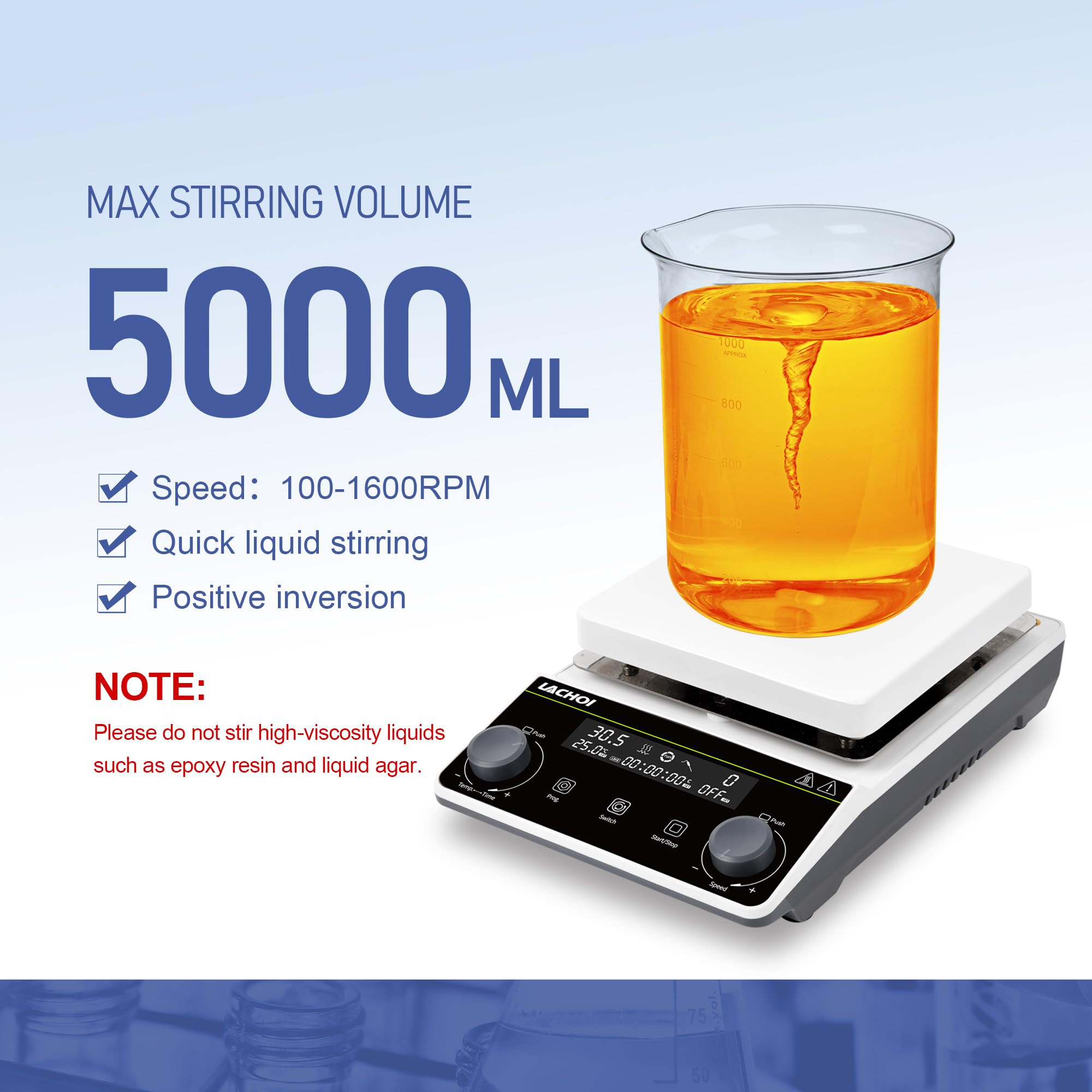 Agitador magnético de placa caliente, pantalla LCD, 300 ℃ máx. 5 L, placa de agitación magnética de 1600 rpm, mezclador magnético, agitador magnético de placa caliente con barra de agitación y