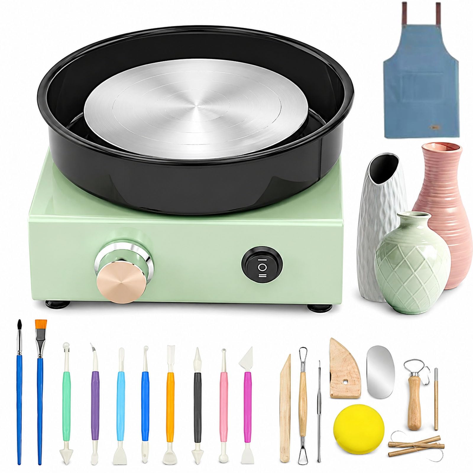 15 cm Mini Koło Garncarskie - Kompletny Zestaw Narzędzi Garncarskich dla Początkujących, Obrotowa Platforma z Regulowaną Prędkością z Narzędziami Do Gliny, dla Dorosłych do Tworzenia Sztuki z Gliny