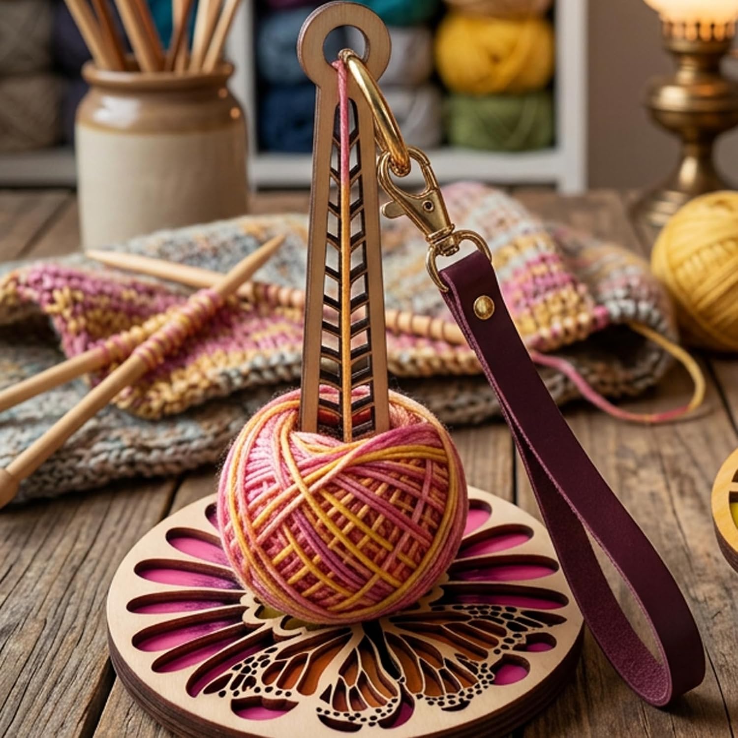 2PCS Portable Yarn Holder, Wrist Yarn Holder and Yarn Holder Portable, Travel Yarn Holder Spinner with Leather Strap, Yarn Stand for Crocheting Supplies and Crochet Accessories