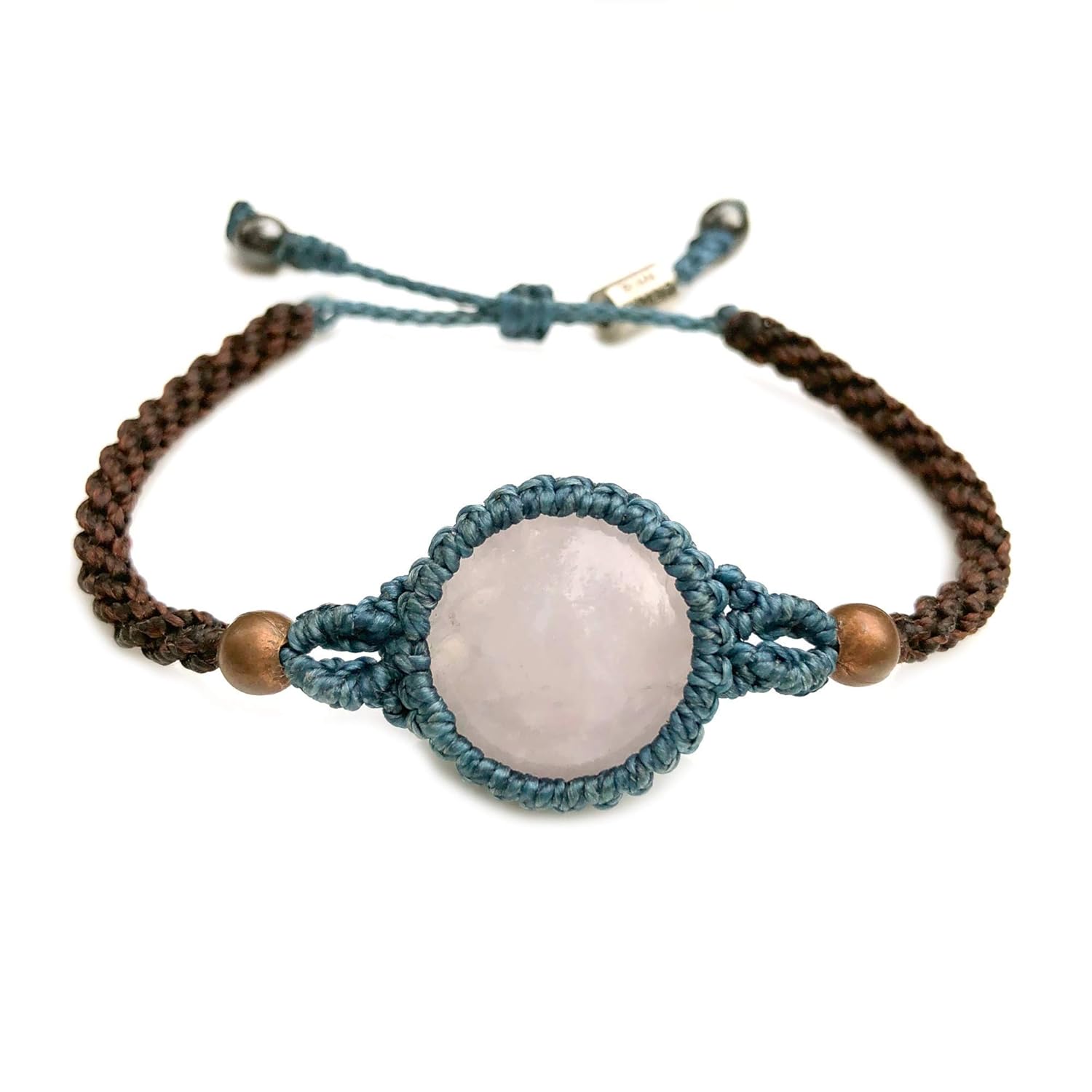 Rose Quartz Stone Macrame Bracelet in Blue and Brown Waxed Cord Hand Knotted Beaded Copper Bohemian Festival Jewelry
