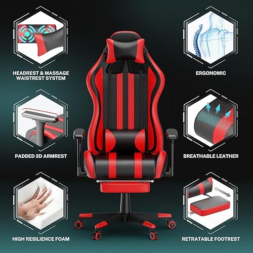 Miniatura 4 de Soontrans Silla roja para juegos con reposapiés, sillas ergonómicas de carreras de masaje para adultos, silla de jugador de altura ajustable, silla