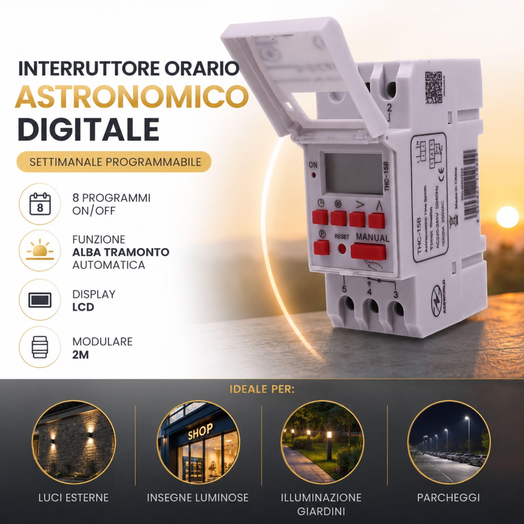Interruptor horario astronómico digital, reloj temporizador semanal programable, 8 encendido/apagado, pantalla LCD, función amanecer y atardecer para luces exteriores y señales, 2 módulos de cuadro