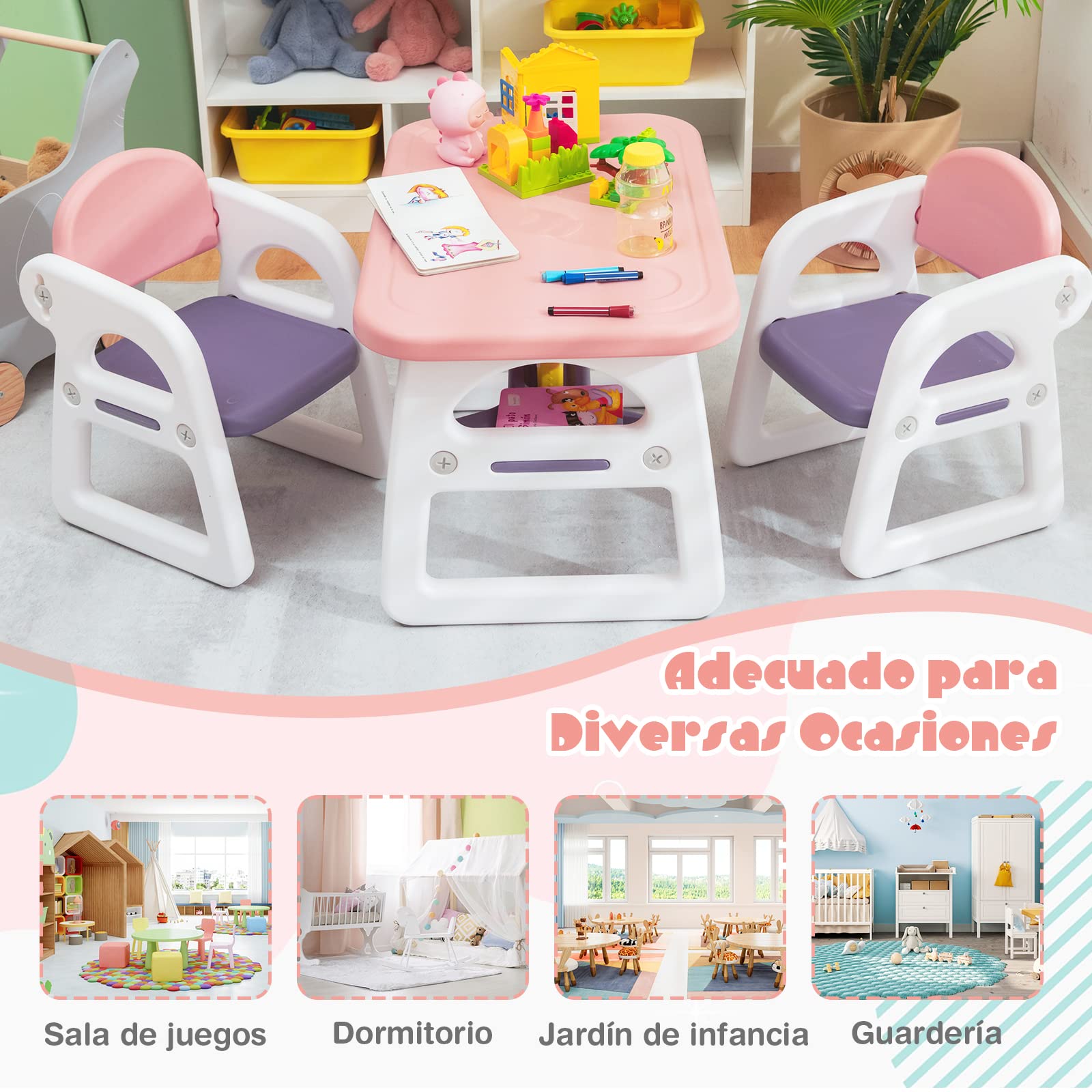COSTWAY Juego de Mesa y Sillas para Niños, Juego de Escritorio Infantil para Leer, Dibujar, Escribir, Juego de Mesapara Interior con Estante de Almacenaje para Niños de 1 a 5 Años (Rosa y Morado)