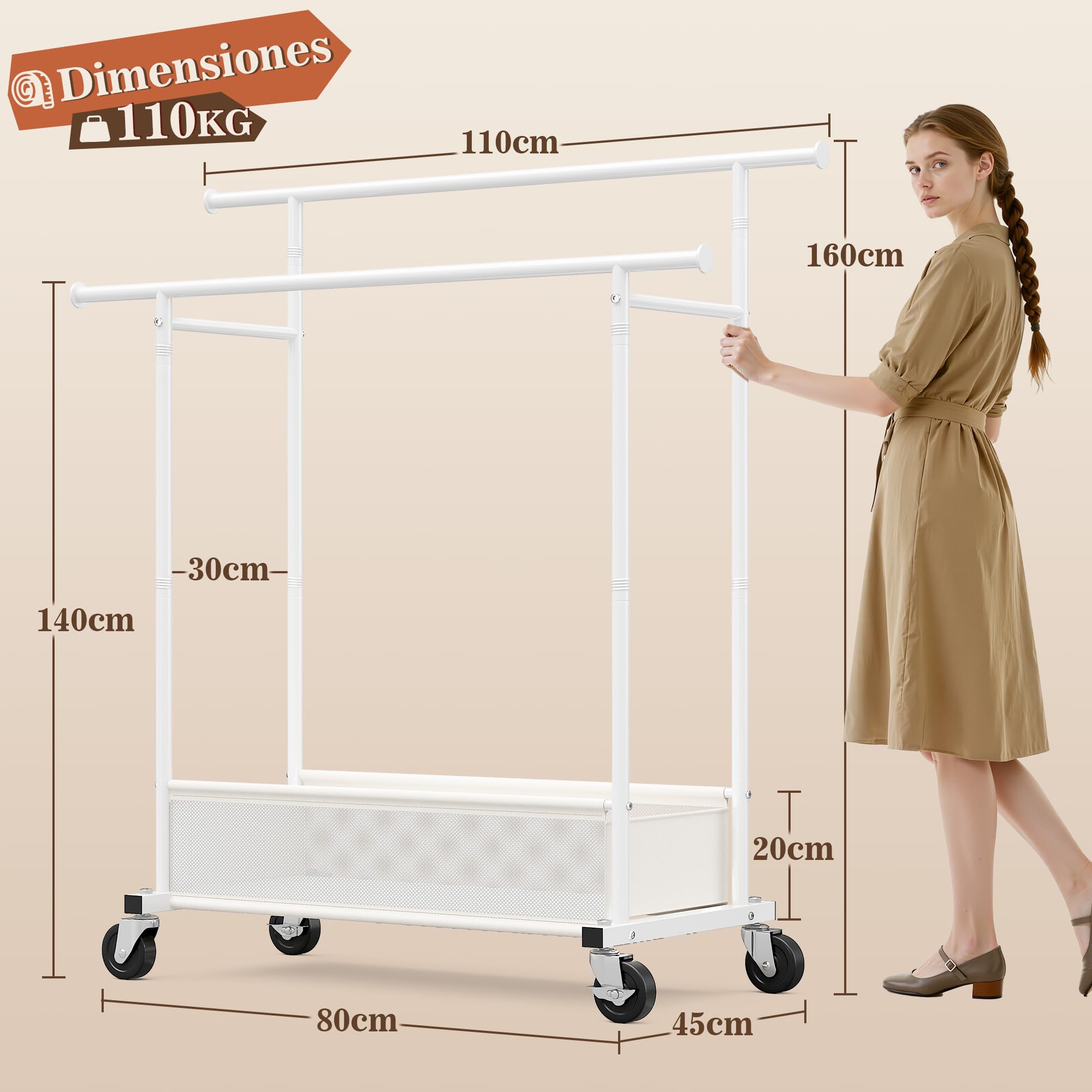 110cm Doble Perchero Burro Ropa con Ruedas con 48L Cesto Ropa Sucia | 110kg Capacidad de Carga, Metal Burro Ropa para Abrigos, Camisas, Zapatos, Gorros,Dormitorio,Residencia, Blanco