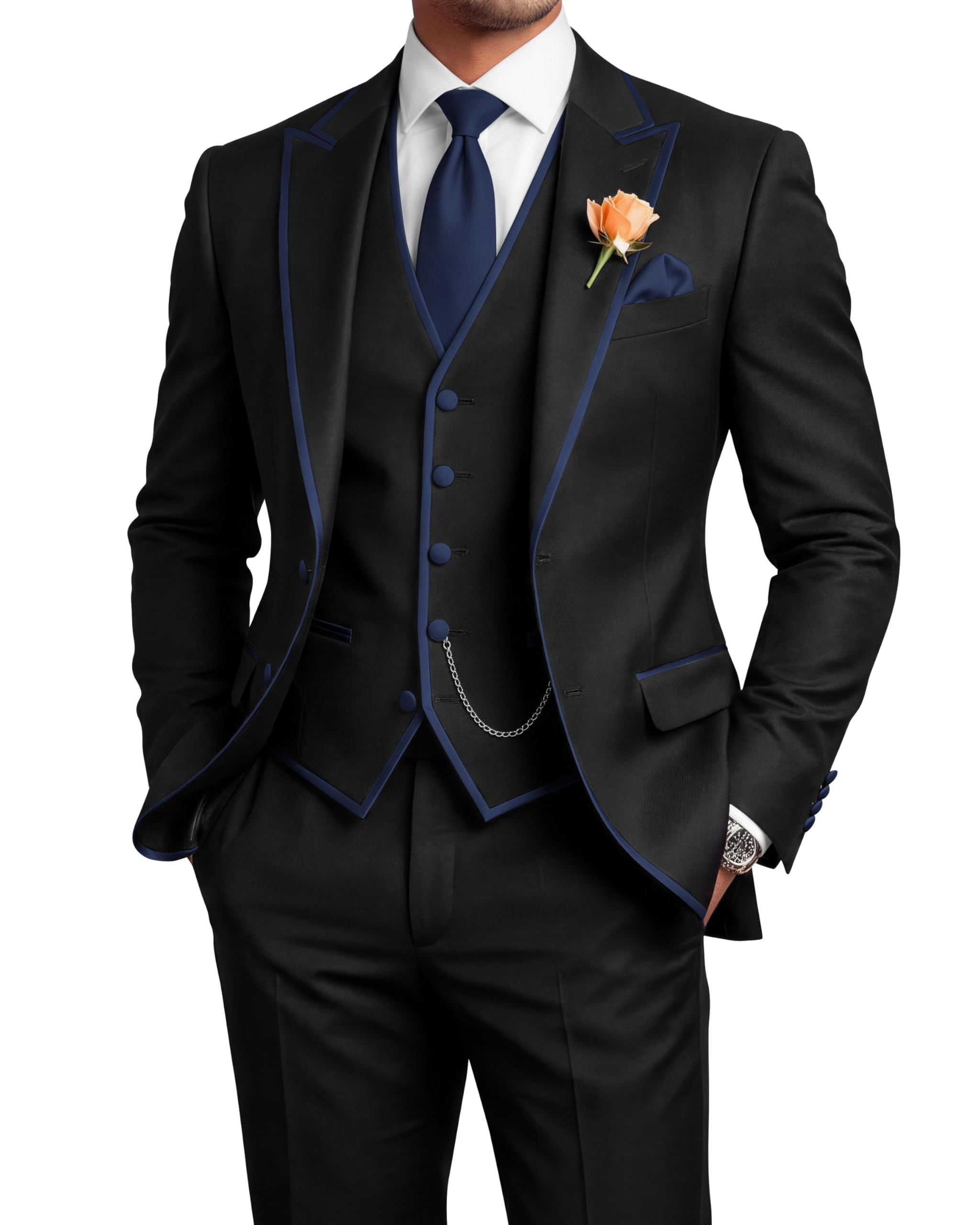 Men's 3 Piece Tuxedo for Men Slim Fit Black Wedding Suits for Groom Groomsman Prom Graduation Jacket Vest Pants
