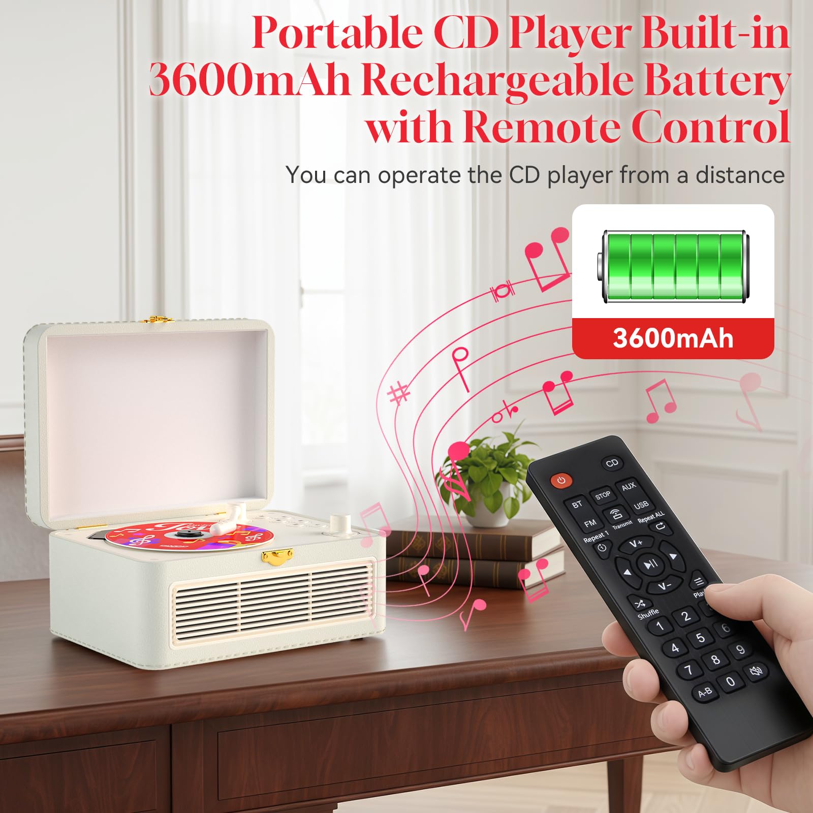 Gueray Lettore CD Pelle Portatile Ricaricabile Bluetooth 3600mAh con Altoparlanti e Telecomando USB AUX