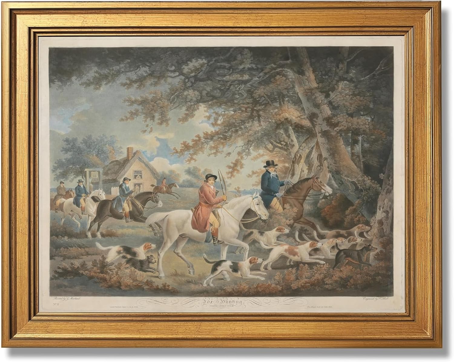 Vintage Gold Large Framed Wall Art Fox Hunting Going into Cover by After George Morland Classic Farmhouse Poster British Rustic Decor Equestrian Canvas Print Painting for Living Room 24X36inch