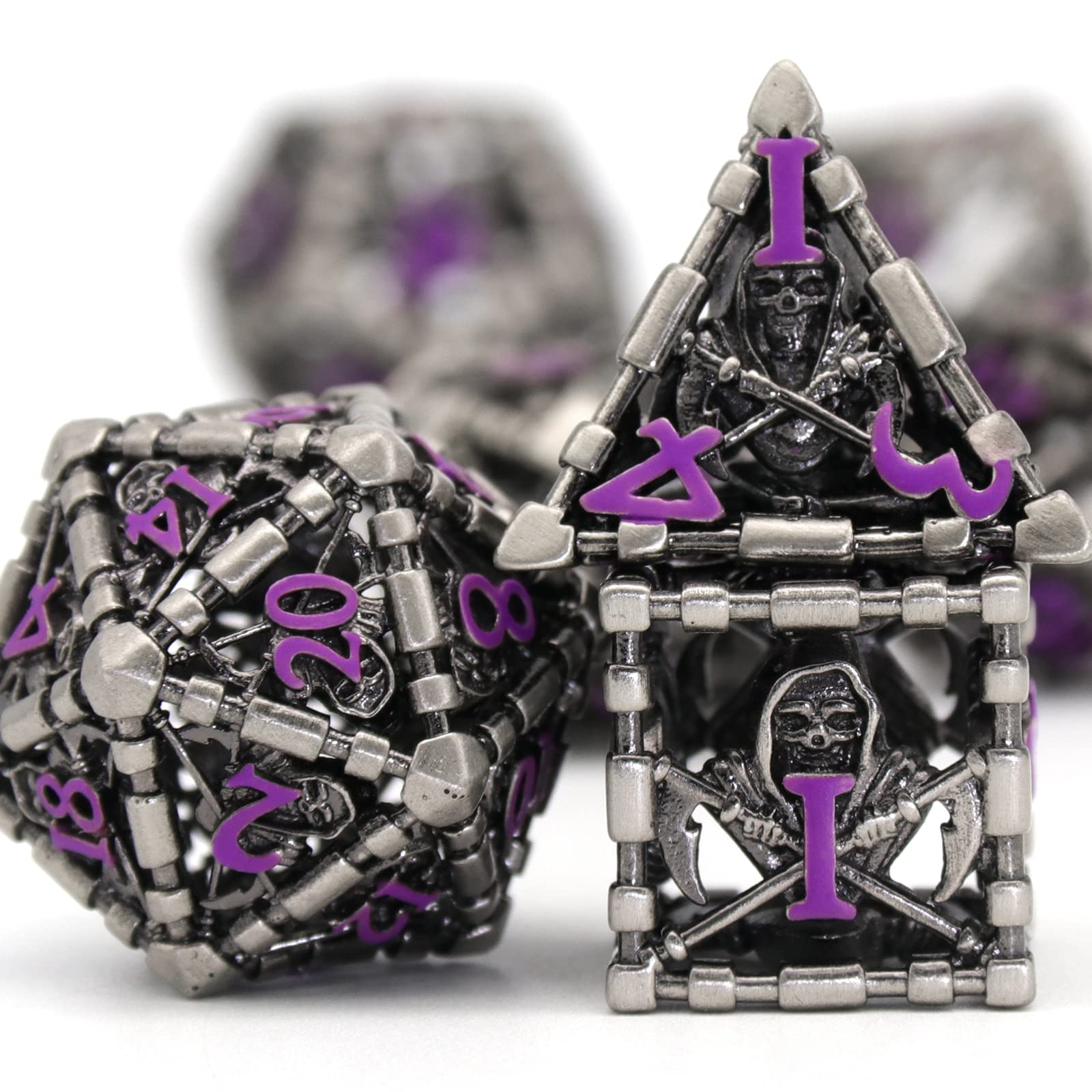 DND Dice Set Roleplaying Game, Dungeons and Dragons Dice ZHOORQI 7 Pcs/Set Grim Reaper Metal Dice Set Polyhedral RPG D&D Dice for MTG Pathfinder DND Game(S-Purple Number)
