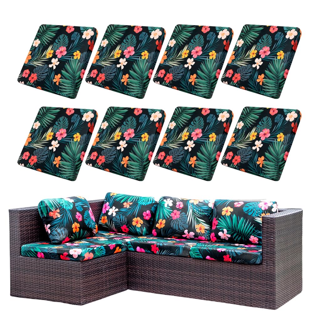 Hiseng Housses de Coussin d'extérieur Remplacement Imprimé Fleurs Feuilles Tropicales Extensible Housses de Coussin de Siège Canapé pour Salon de Jardin, Meubles de Terrasse (Style 5,8 pièces)