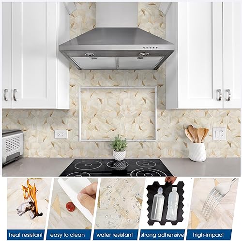 Miniatura 9 de OYASIMI Azulejos hexagonales de 10 hojas, 12.2 x 11.34 pulgadas, azulejos de pared de PVC 3D de metal mixto de mármol beige para salpicaduras para