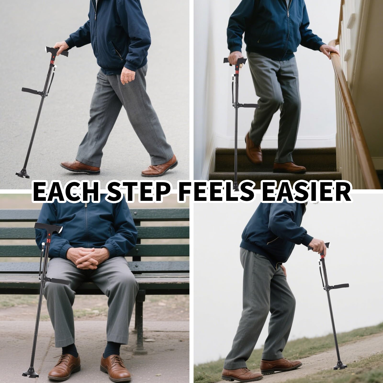 Canne de Marche Astuvita Canne de Marche Ergonomique avec LED et Alarme, Double Poignée & Base Autoportante, Aide à la Mobilité Senior, Pliable Réglable Légère