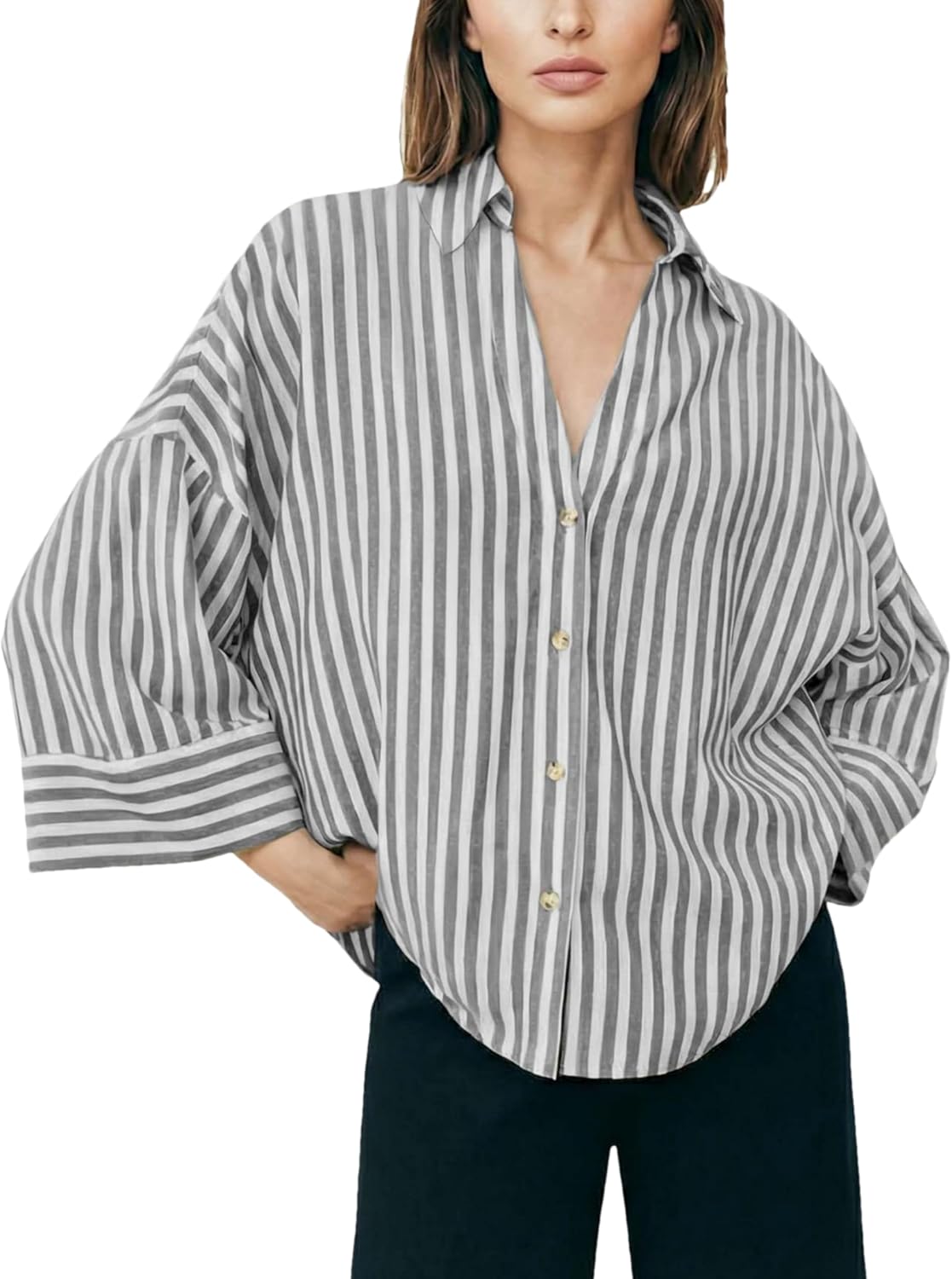 Womens Striped Button Down Shirts Lapel V Neck 3/4 Sleeve Casual Blouses Summer Loose Fit Tops