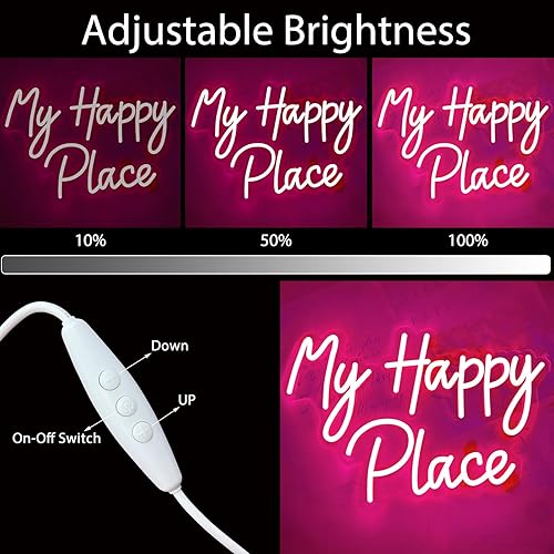 Miniatura 3 de Letrero de neón con texto en inglés My Happy Place, luz de neón LED rosa regulable para decoración de pared, alimentada por USB, luces de neón con