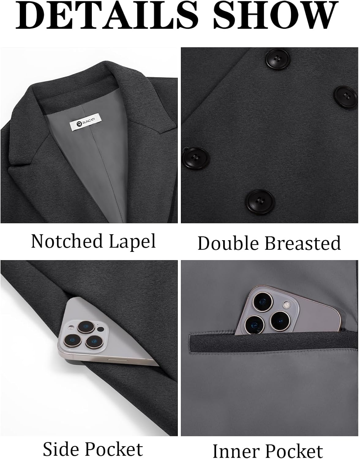 Runcati Mens Trench Coat Notched Lapel Double Breasted Mid Long Pea Coat Casual Fall Winter Classic Overcoat - Image 5