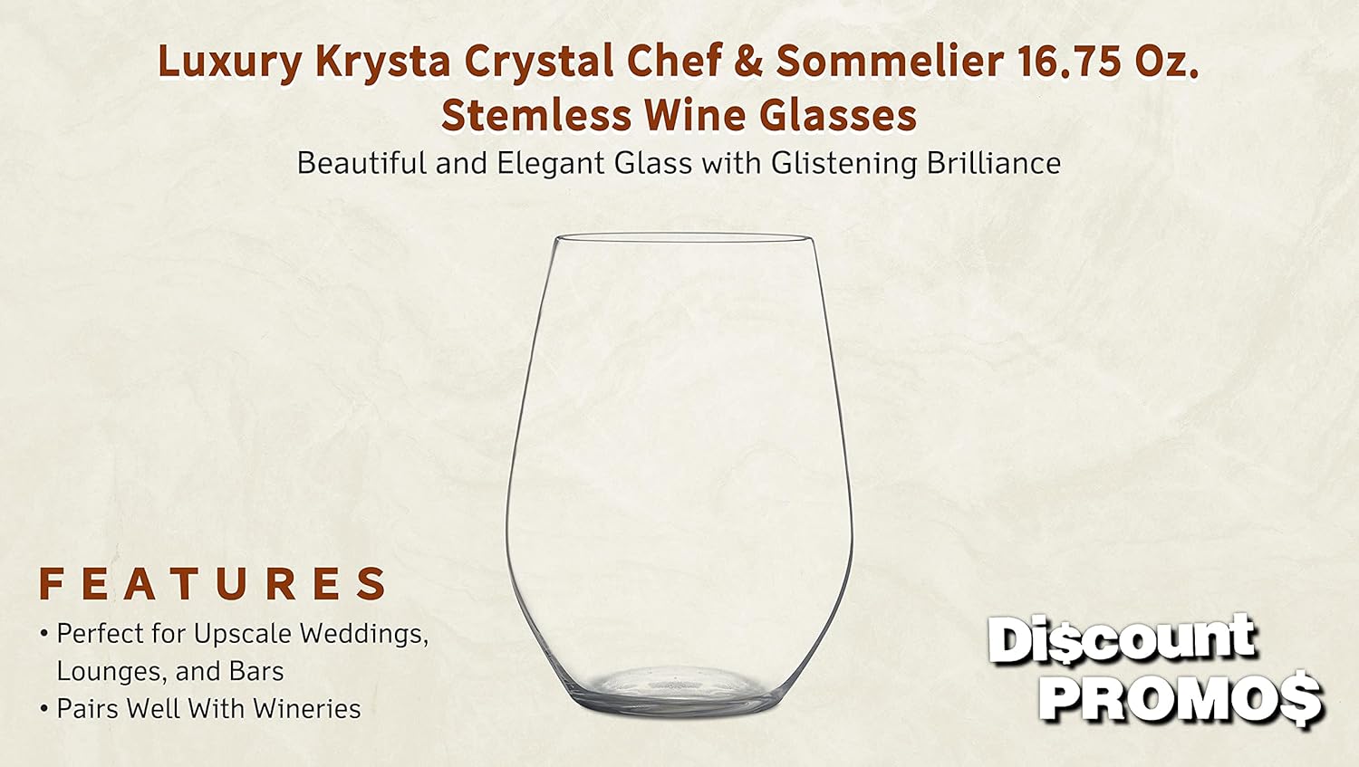 DISCOUNT PROMOS 6 Chef & Sommelier Stemless Wine Glasses Set, 16.75 oz. - Lead-free, durable, crystal, glassware - Clear