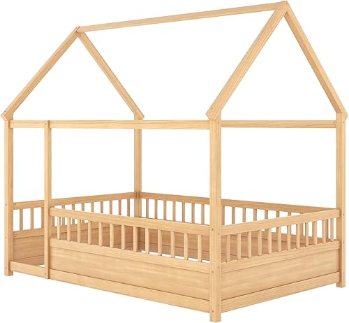 Miniatura 15 de Bellemave Cama Montessori de madera con valla y techo para niños, marco de cama individual para niños, niñas (individual, blanco)