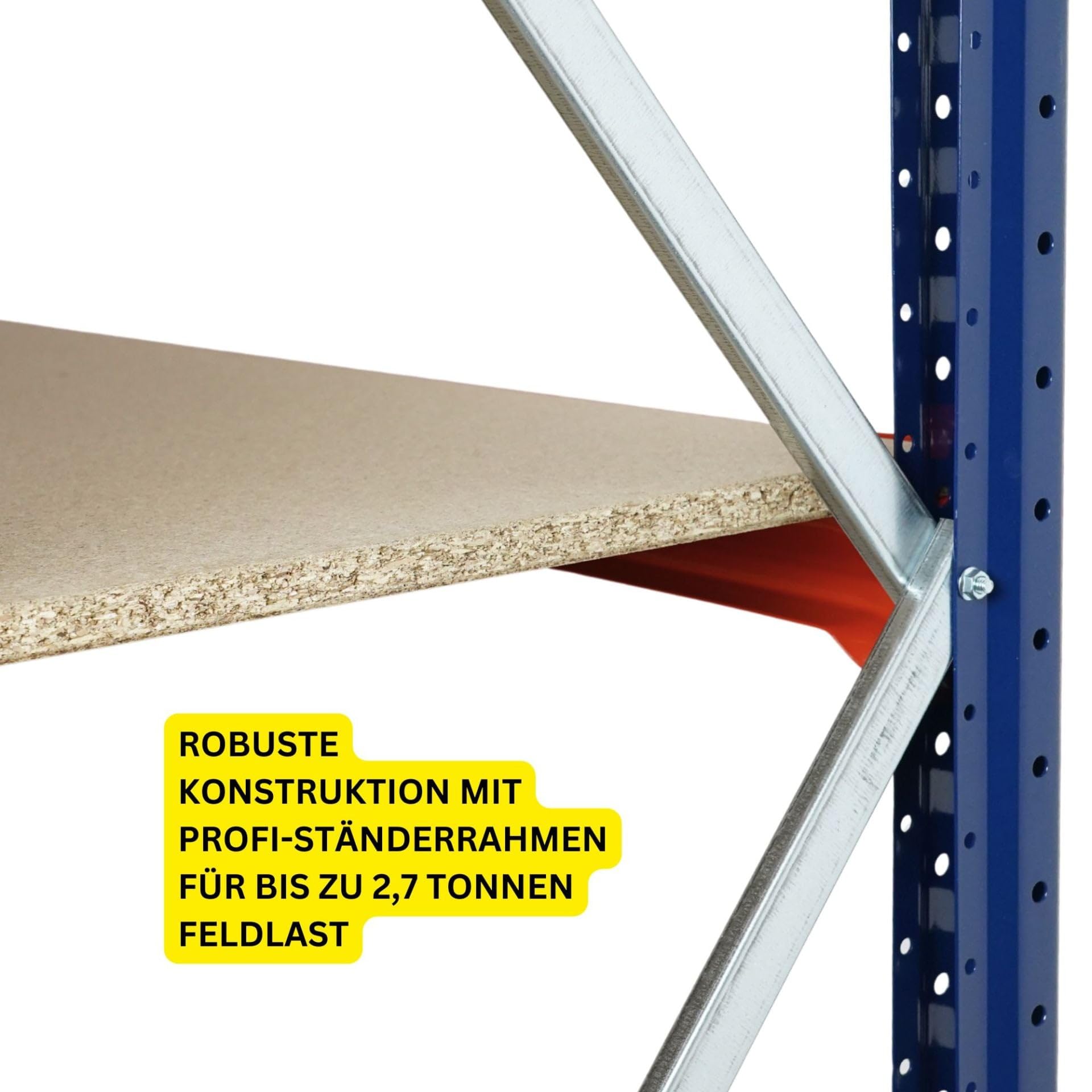 PROREGAL Weitspannregal Schwerlastregal Lagerregal Dominus | Grundregal | HxBxT 200x240x60cm | 4 Ebenen | Spanplatten-Fachboden | Fachlast 332 kg | Blau/Orange