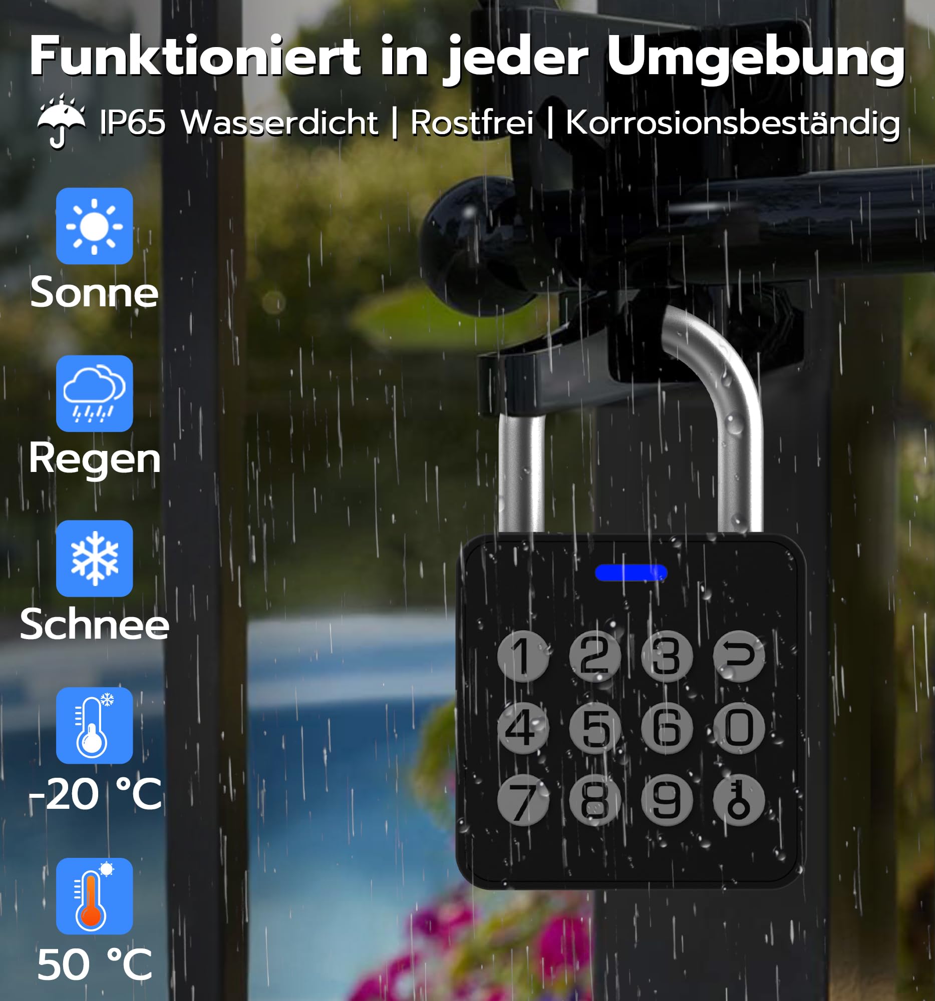 Elektronisches Vorhängeschloss mit Fingerabdruck & PIN, IP65 Wasserdichtes Smart Bluetooth Schloss mit App, USB-C Aufladung, Robust für Gartentor, Garage, Spind