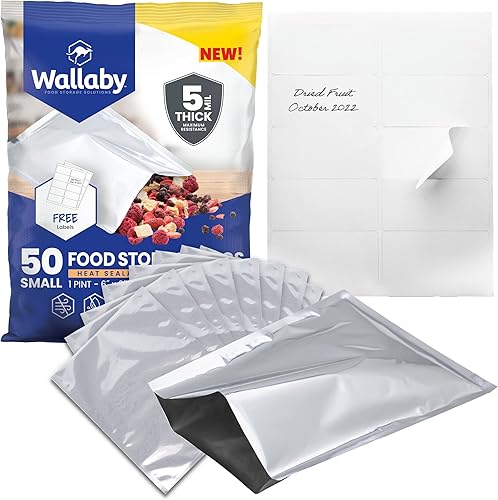 Wallaby 50 bolsas de Mylar de 1 pinta con etiquetas, bolsas de almacenamiento de alimentos a largo plazo de 10 mil de grosor total, embalaje
