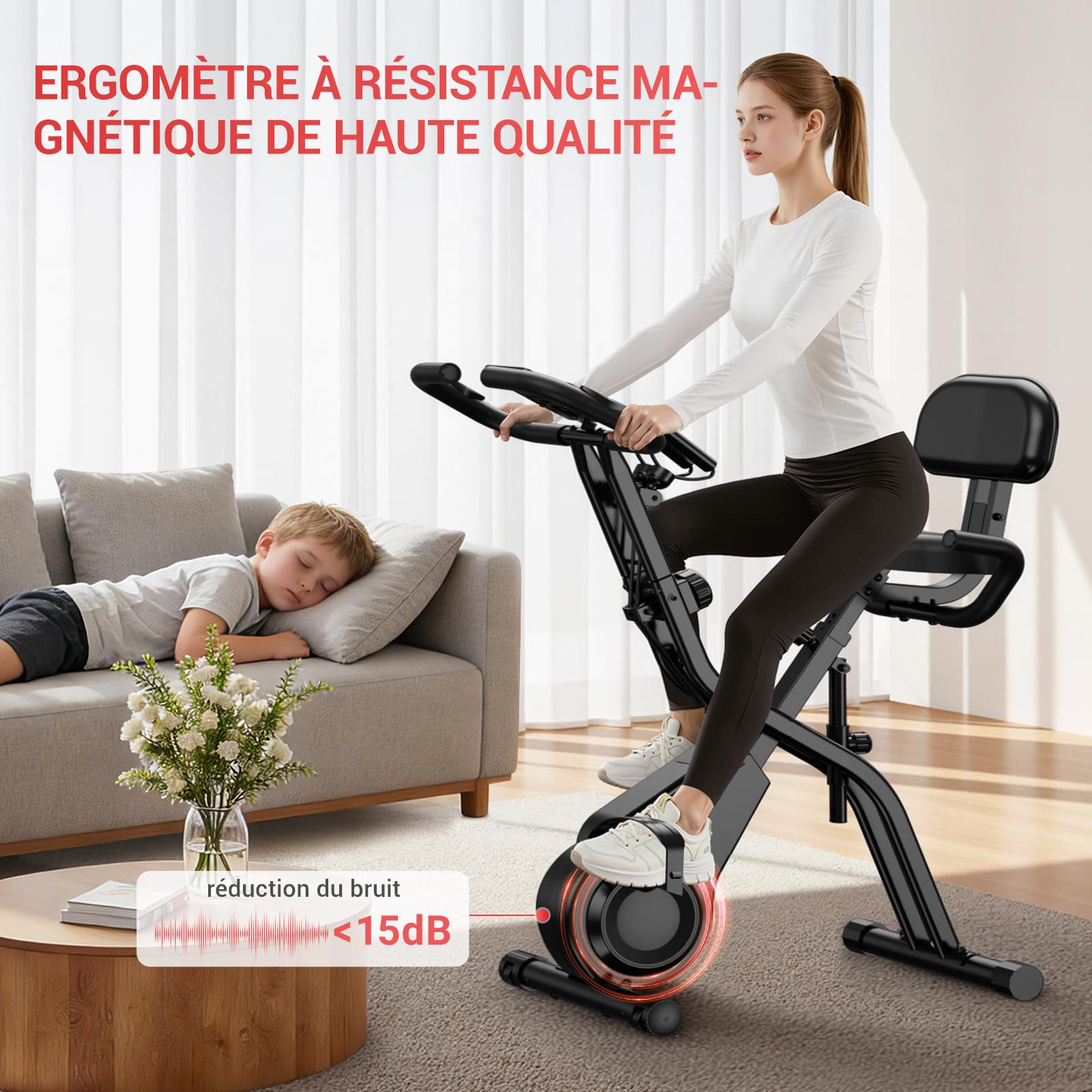 CURSOR velo d appartement pliable, 5-en-1 velo appartement pliable, équipé d'une résistance silencieuse à 16 niveaux. vélos d'appartement avec surveillance de la fréquence cardiaque et écran LED