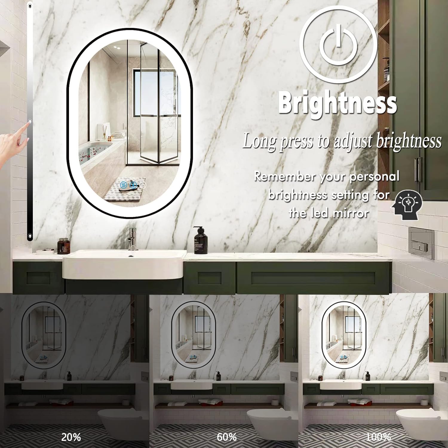 THEKLA Black Frame Oval LED Mirror for Bathroom Makeup Wall Horizontal Vertical Mounted 16 x 24 Inch Black Framed Oval Lighted Vanity Mirror with Lights Frame Smart Memory 3 Color Dimmable AntiFog