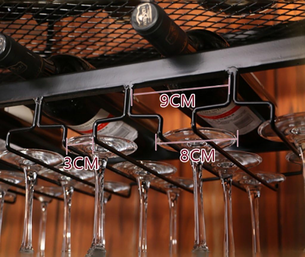 Elegant Black Metal Wine Glass Holder & Ceiling Wine Bottle Rack Stylish Storage for Red Wine Glasses & Bottles Perfect for Home Bar Décor and Space Saving Solutions.