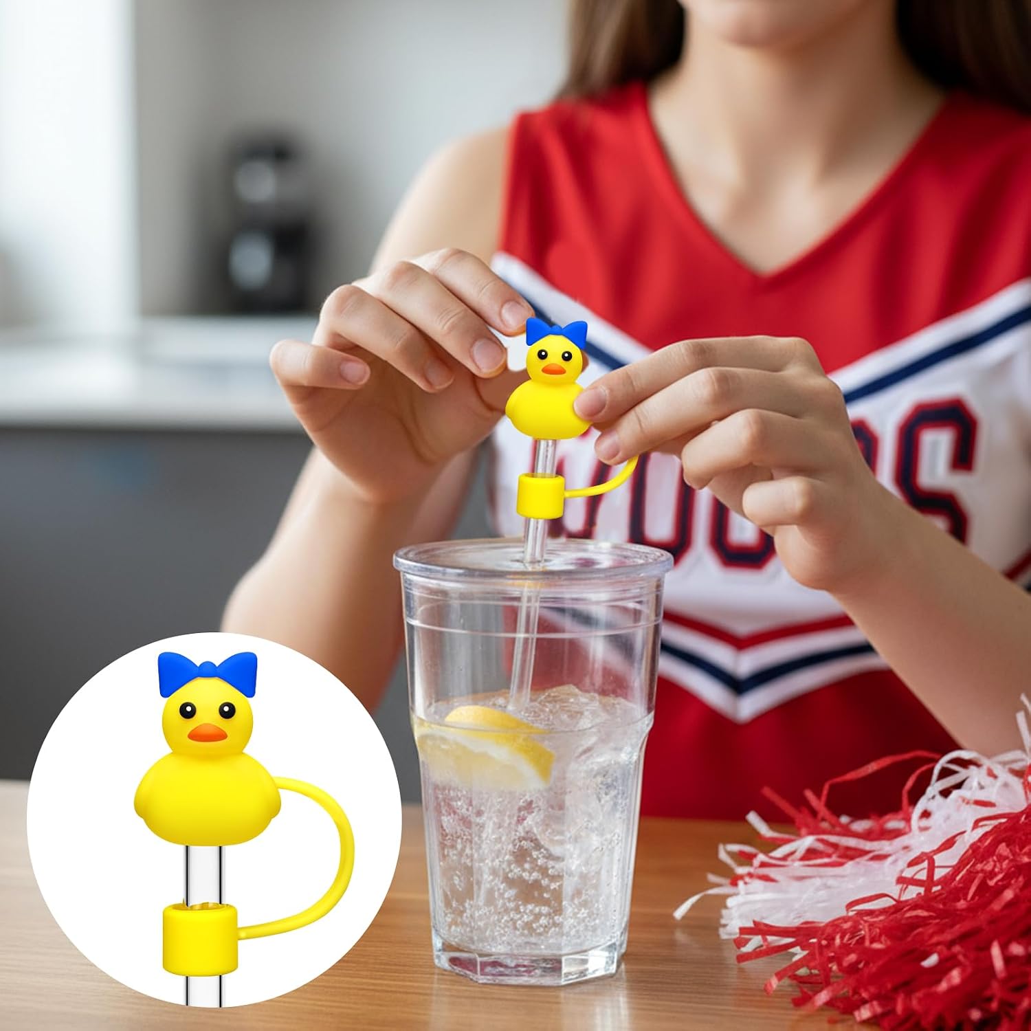 LemonRoad 20 Set Cheer Team Gifts Bulk 10 mm Cheerleading Ducks Straw Toppers Straw Cover Caps with You've Been Cheer Ducked Tag Cheerleading Tumbler Accessories for Team Inspirational Gift(Blue)