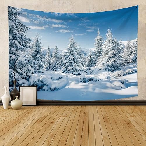 Miniatura 3 de Arrebolart Tapiz de bosque de invierno para colgar en la pared, pinos en tapiz nevado, tapiz de paisaje de Feliz Navidad, arte de pared para niños,