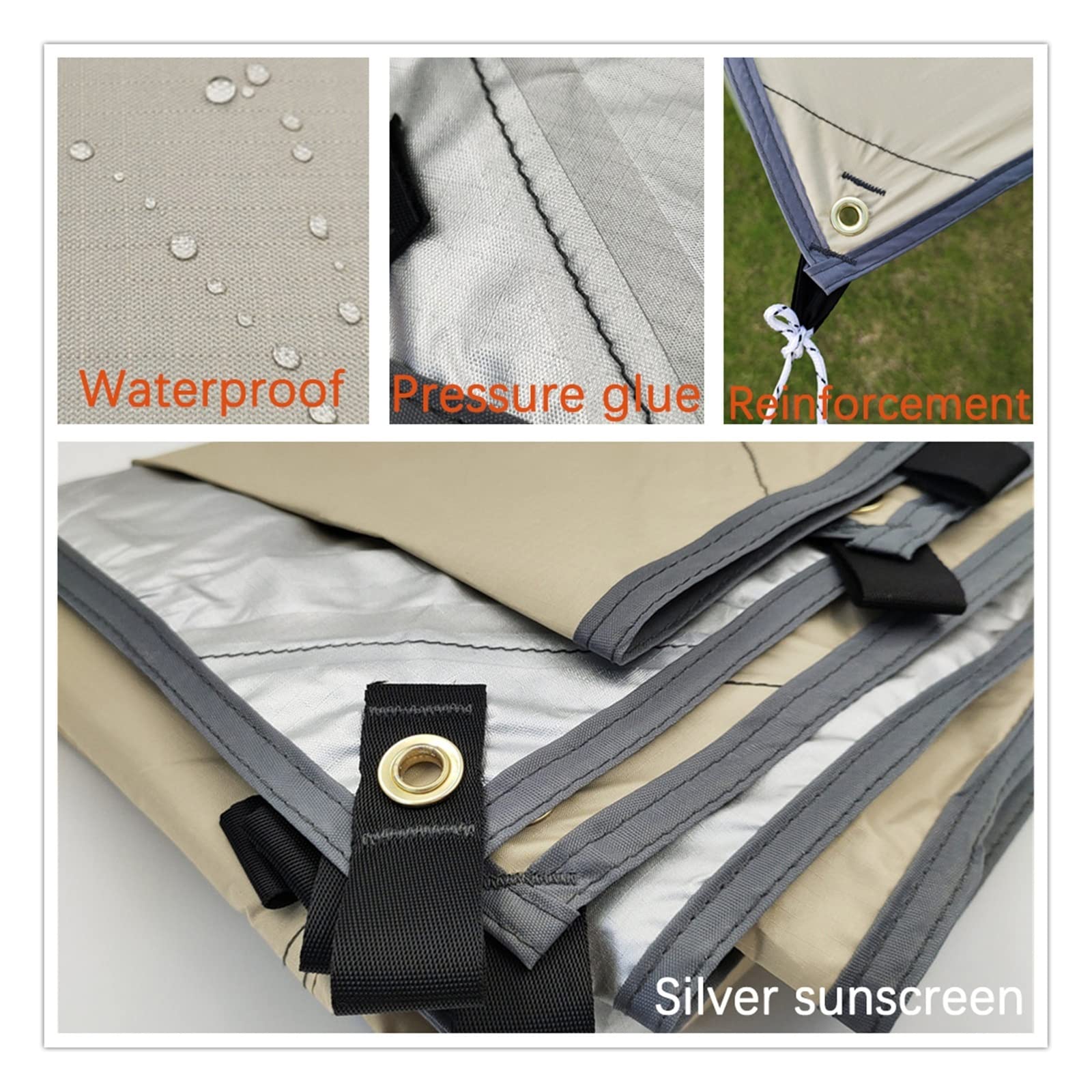 Zewnętrzna wodoszczelna plandeka 3x3 3x4 3x5 parasolka baldachim kempingowy ze srebrną powłoką 300x300 lekki przenośny tropik do namiotu (Color : Khaki, Size : 3x4m)