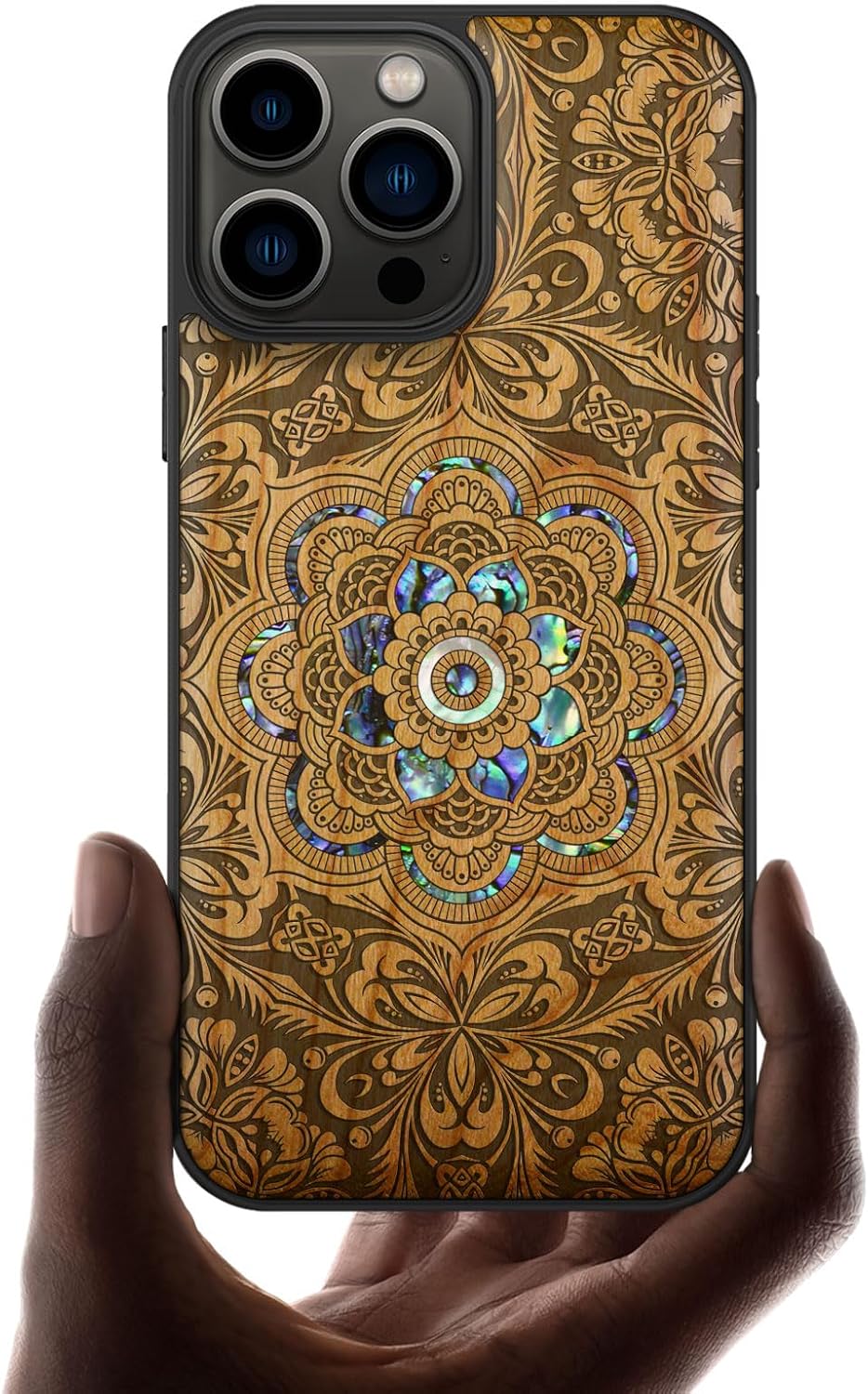 Carveit Designer Wooden Protective Case for iPhone 13 Pro Max Magnetic Cover [Wood Engraving & Shell Inlay] Compatible with 13 Pro Max MagSafe (Ethereal Bloom Mandala-Blackwood)