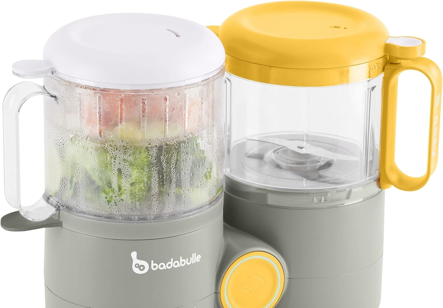 The Badabulle B-Easy food processor with food steaming in the left jug.