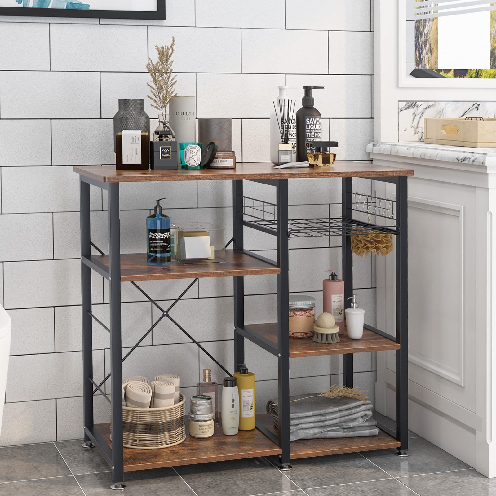 SogesHome Meuble Rangement Desserte de Cuisine Étagère Four à Micro-Ondes Rack Cuisine Etagères de Cuisine,avec 3+3 Tablettes et Petits Crochets, 90 x 39 x 83 cm