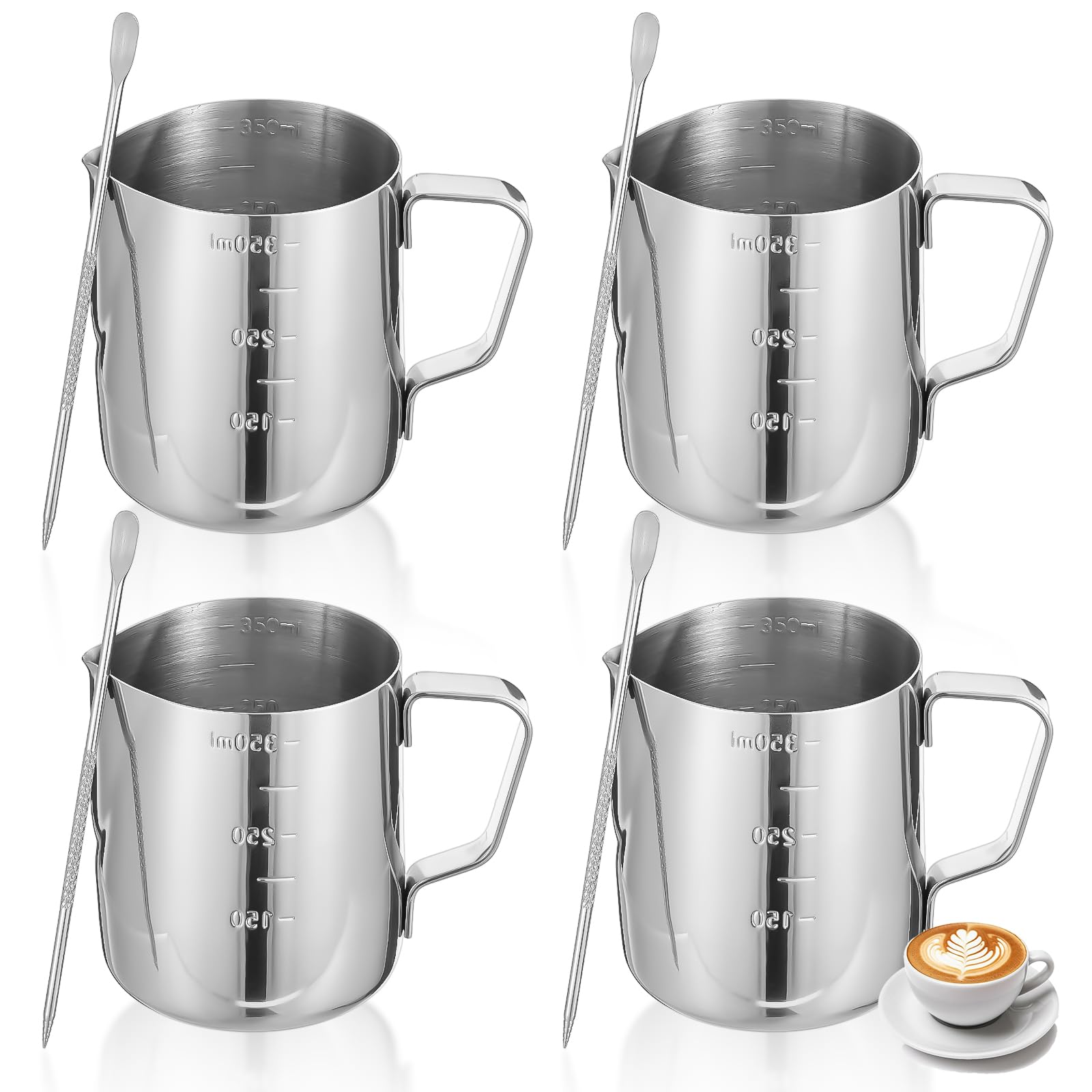4 Pcs Stainless Steel Espresso Milk Frothing Pitcher Set with Latte Art Pen, 12 oz Milk Frother Cup, Frothing Cup for Cappuccino, Latte, Home & Cafe Use