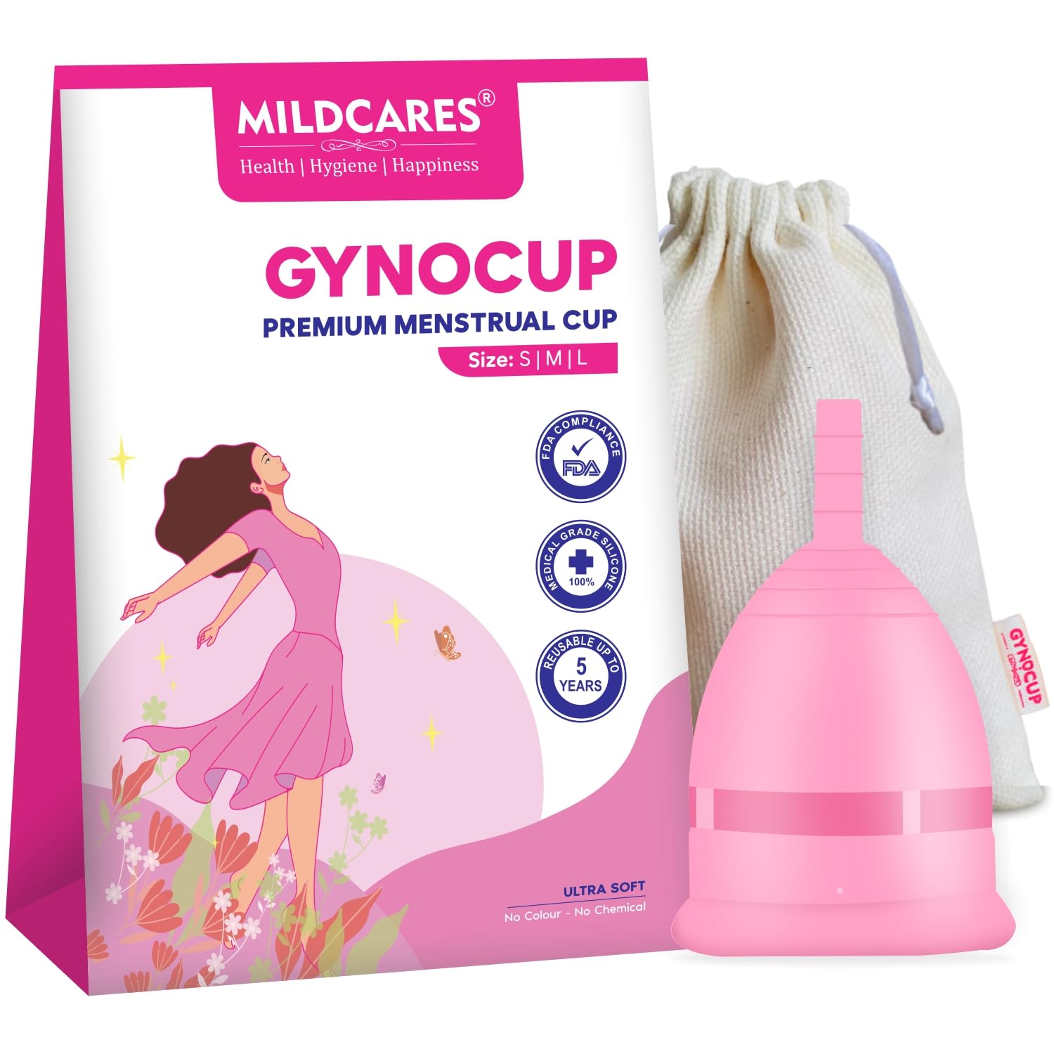 GynoCup Reusable Menstrual Cup for Women (Pink) | Small Size with Pouch | Ultra Soft, Odor and Rash Free | No Leakage | Protection for Up to 10-12 Hours | Medical-Grade Silicone | FDA Approved