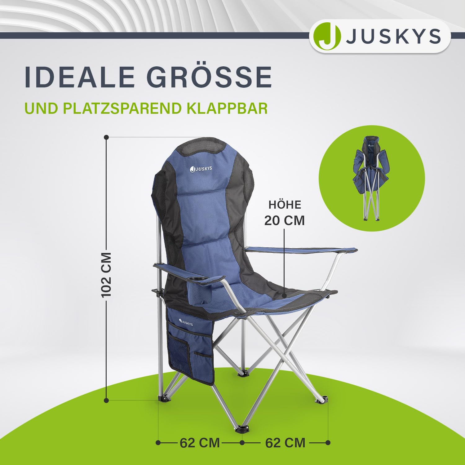 Juskys® Campingstuhl Lido faltbar inkl. Getränkehalter, Seitentasche & Tragetasche - Camping Klappstuhl gepolstert mit Armlehne & Rückenlehne - 4 Farben