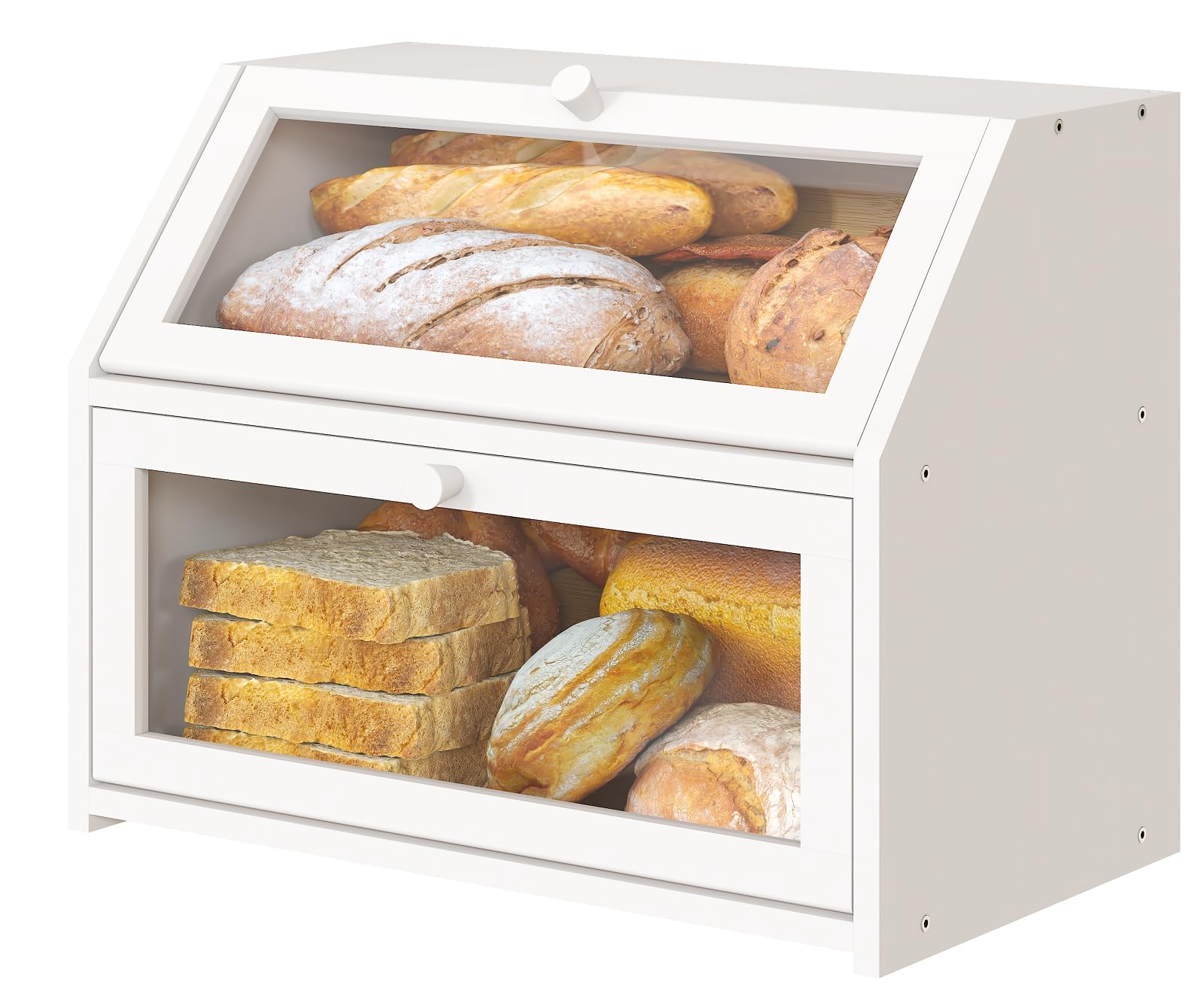 White Large Bread Box for Kitchen Counter, Double Layer Bamboo Wooden Large Capacity Bread Storage Bin