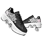Double-Row Deform Wheel Automatic Walking Shoes Invisible Deformation Roller Skate 2 in 1 Removable Pulley Skates Skating Parkour (Black Powder, US 10.5)