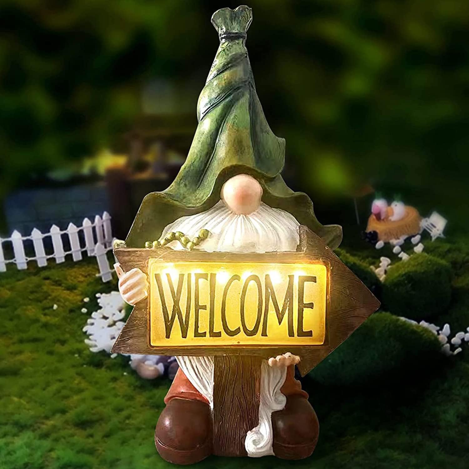 LUOWAN Garden Gnome Statue,Large Resin Gnome Figurine with Welcome Sign and Solar Lights, Waterproof Resin Garden Statue for Patio Yard Lawn Porch Outdoor Decorations,31cm/12IN (Welcome)