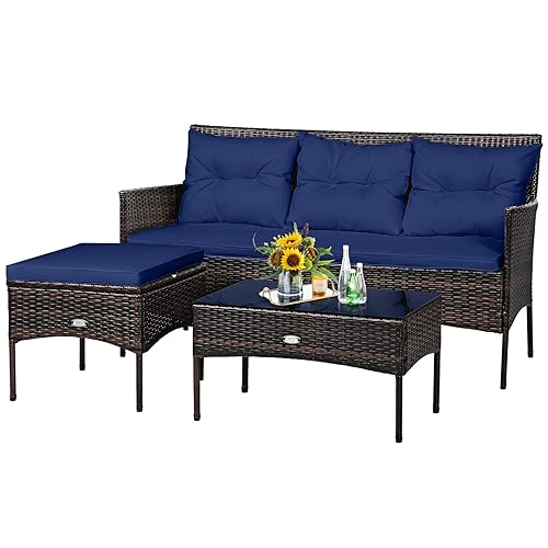 Tangkula 3 Pieces Patio Conversation Set, All Weather Outdoor PE