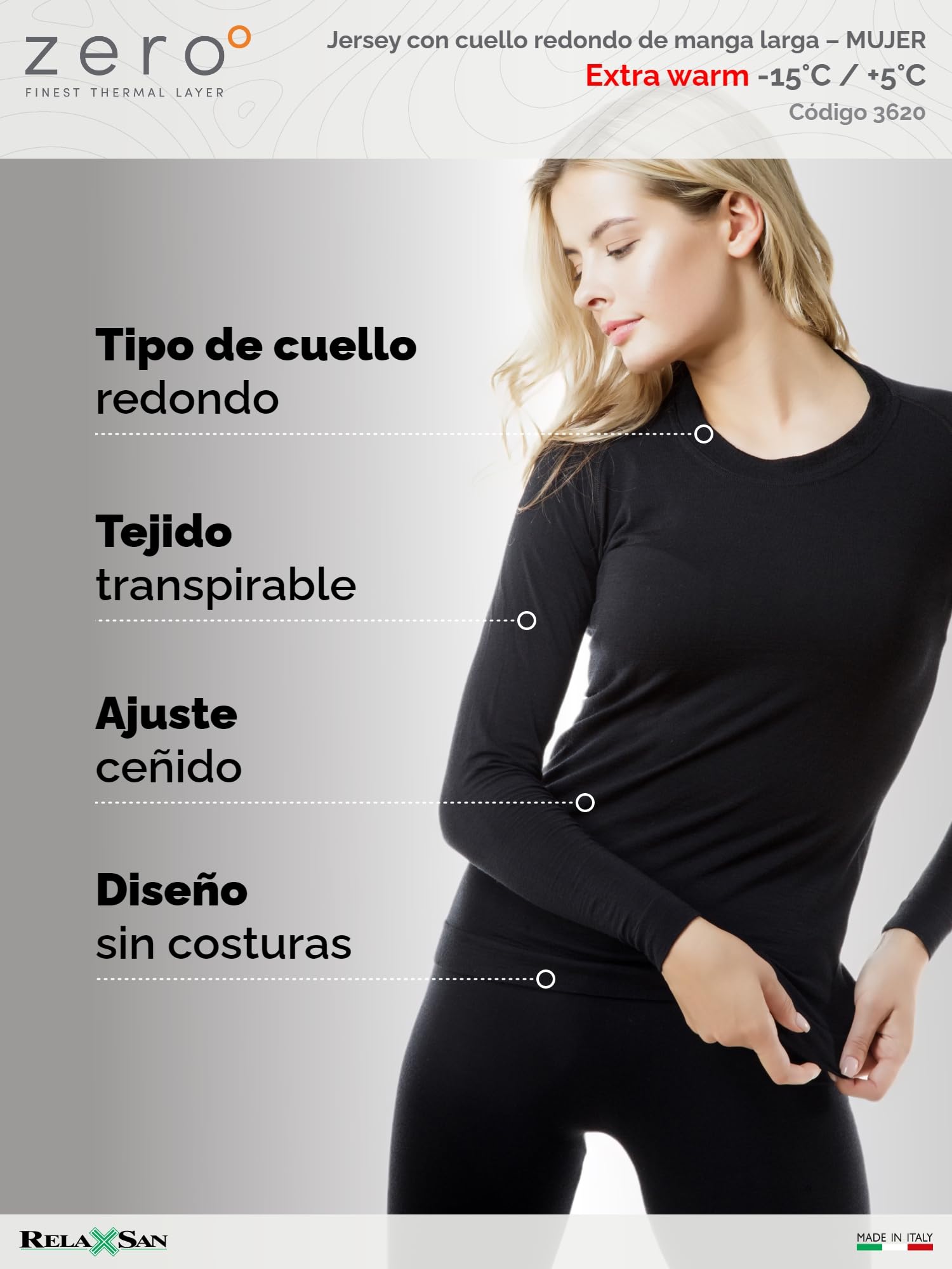 Relaxsan Zero 3220 – Camisa Térmica Invierno Mujer Manga Larga Ropa Interior en Lana Merino y Fibra Dryarn