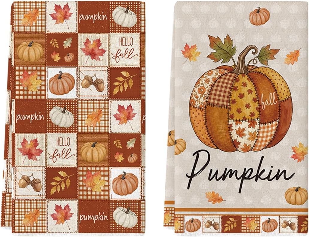Artoid Mode Patchwork Pumpkin Fall Kitchen Towels Set of 2 18x26 Inch