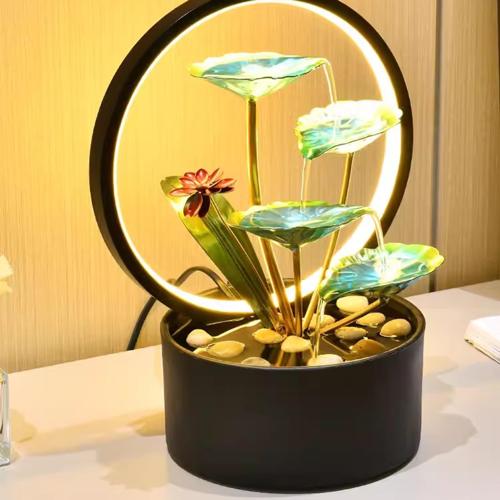 Tuzsocr Kamerfontein, 3 niveaus, tafelfontein, waterval met ledverlichting, moderne zen-tafeldecoratie, meditatie en ontspanning, voor thuis, kantoor, tuin, woonkamer, hoogte 21 cm, goud