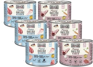 MAC’s Dog Puppy Mixpaket 6 x 200g | 3 x Rind & Ziege & 3 x Huhn & Kalb | Getreidefreies Welpenfutter mit 90-99% Fleischanteil | Ohne künstliche Zusätze | Für gesundes Wachstum product image