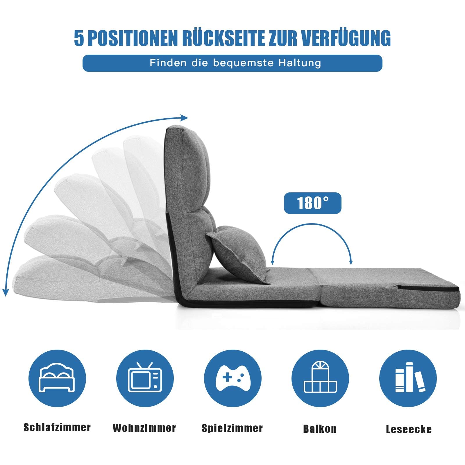 RELAX4LIFE Bodensessel klappbar, Bodenstuhl mit 5 verstellbaren Rückenlehne, Bodensofa mit Kissen, Liegesofa, Liegesessel für Schlafen Lesen Meditation, Sitzkissen für Wohnzimmer (Grau)
