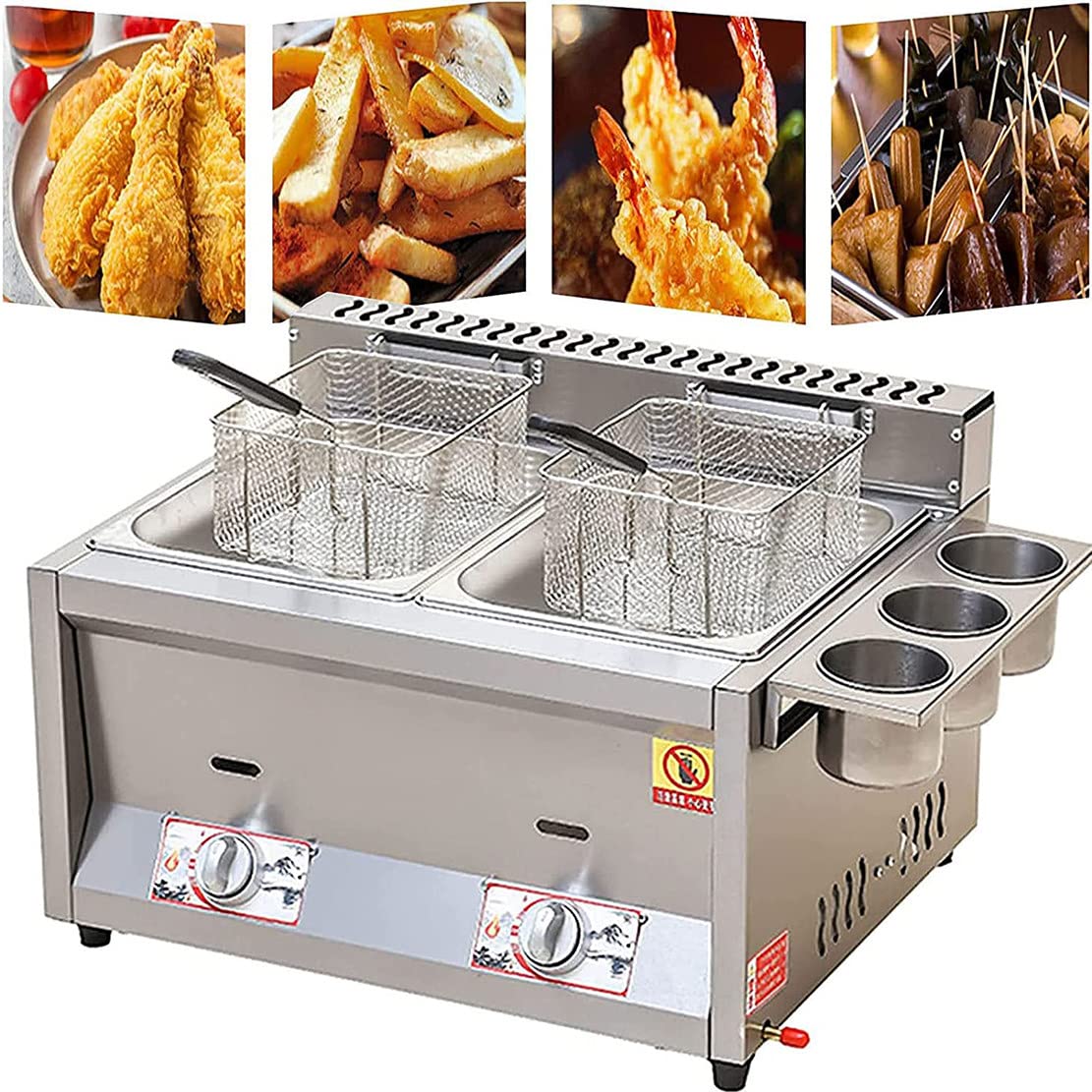 Friteuse Professionnelle À Gaz en Acier Inoxydable avec Panier Amovible, Idéale pour La Restauration Rapide Et Les Snack-Bars.,Doublepot
