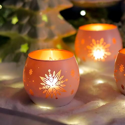 Miniatura 6 de Juego de 4 portavelas de cristal, copos de nieve, dorado y blanco, velas votivas de té de Navidad para decoración de invierno, centros de mesa de